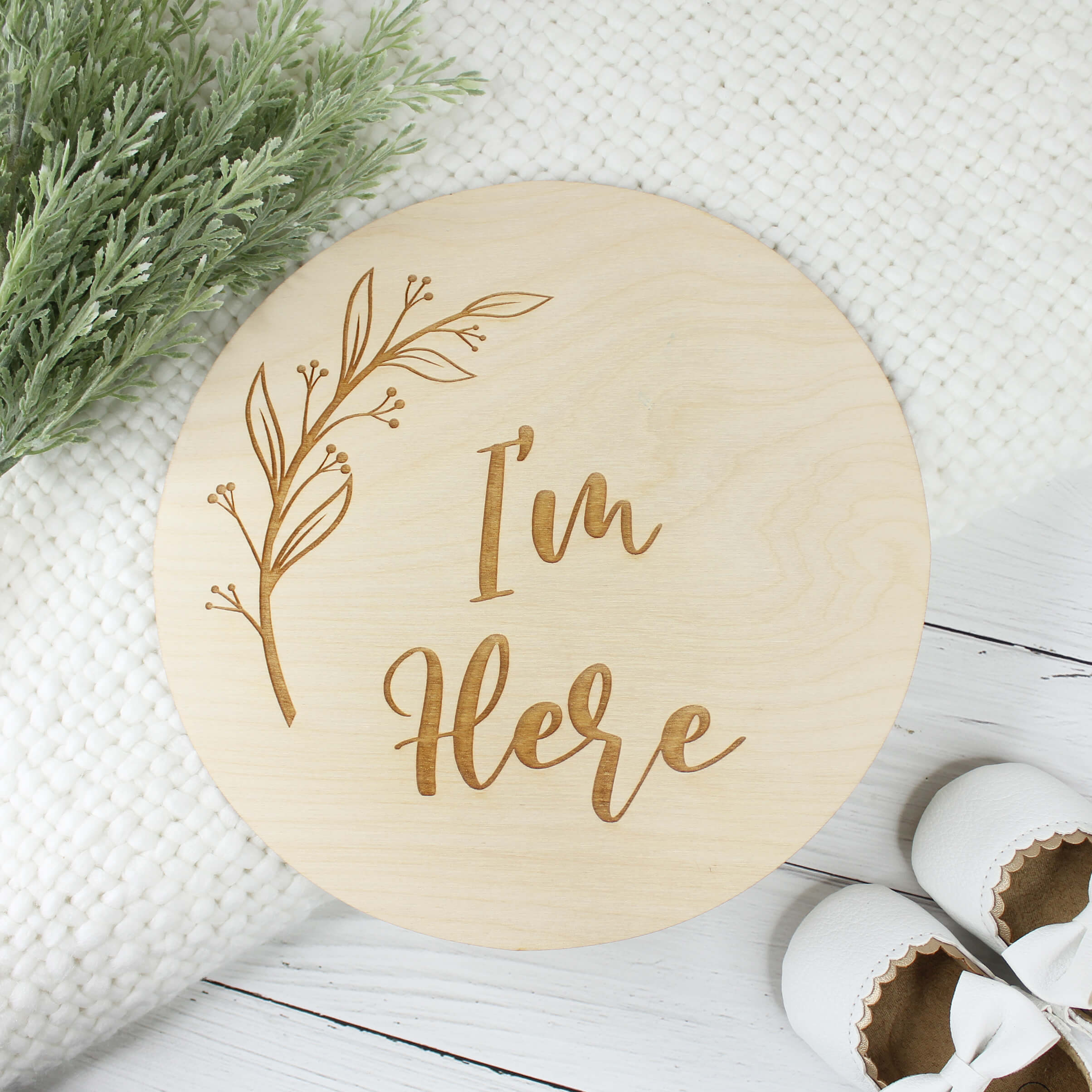 Laser Cut Wooden I'm Here Birth Announcement Meridian Etch