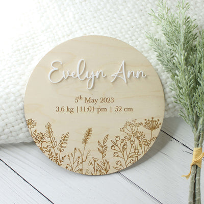 Wooden engraved baby girl birth announcement