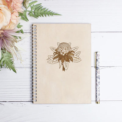 Personalised wooden notebook - waratah