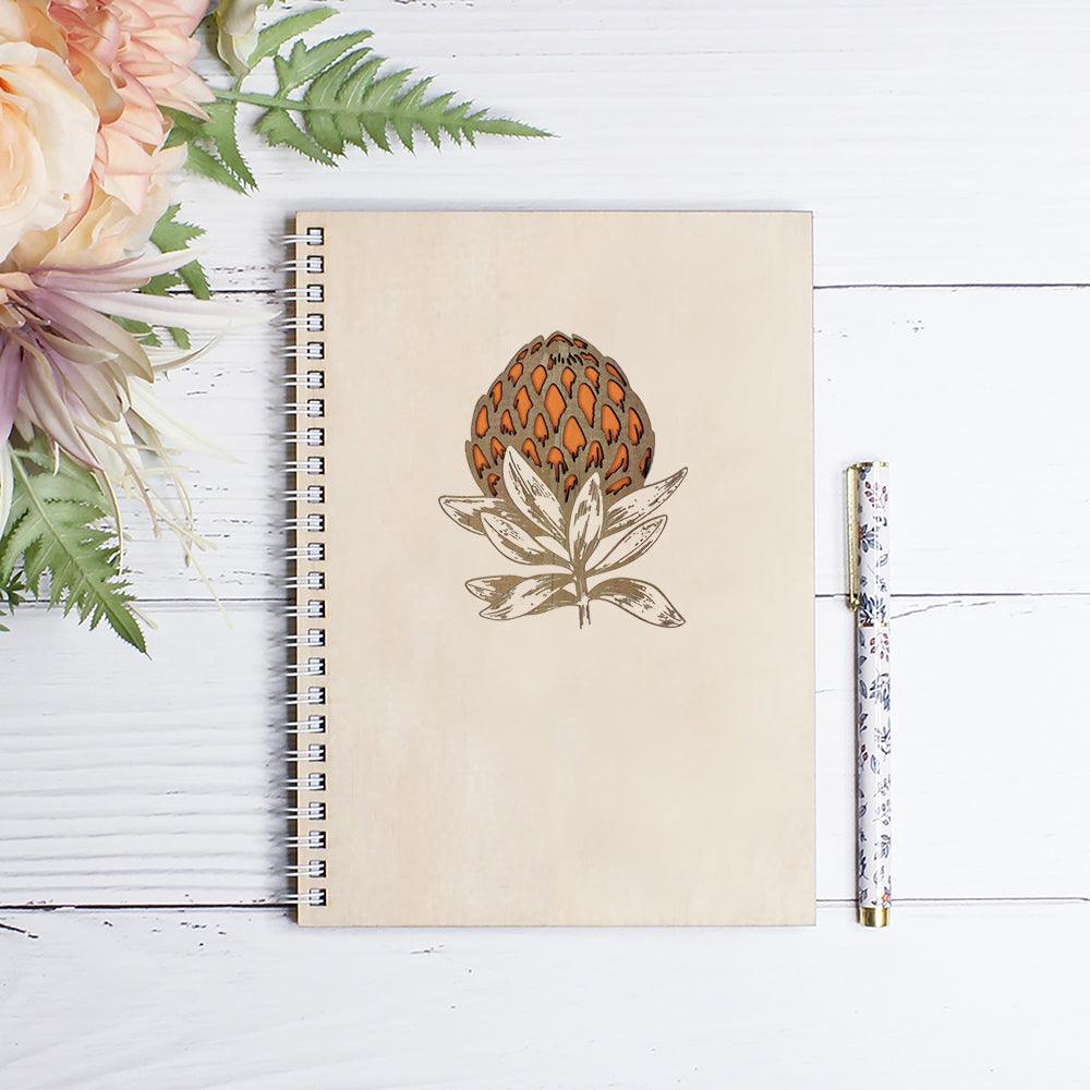 Personalised wooden notebook engraved protea