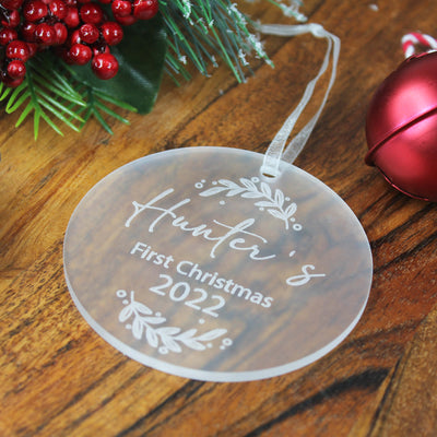 Frosted acrylic personalised first christmas bauble