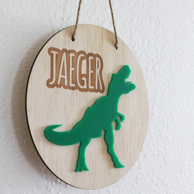 Wooden dinosaur name plaque round acrylic