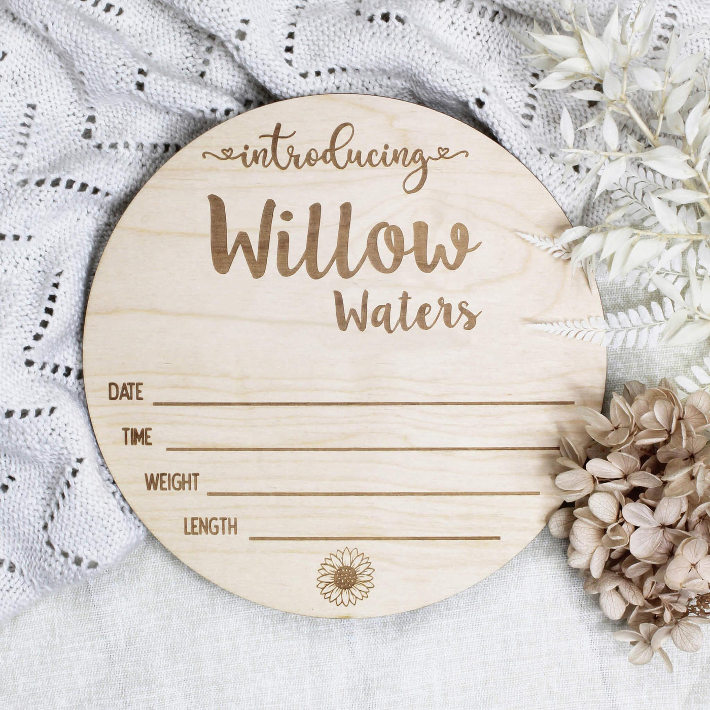 Personalised engraved wooden birth announcement