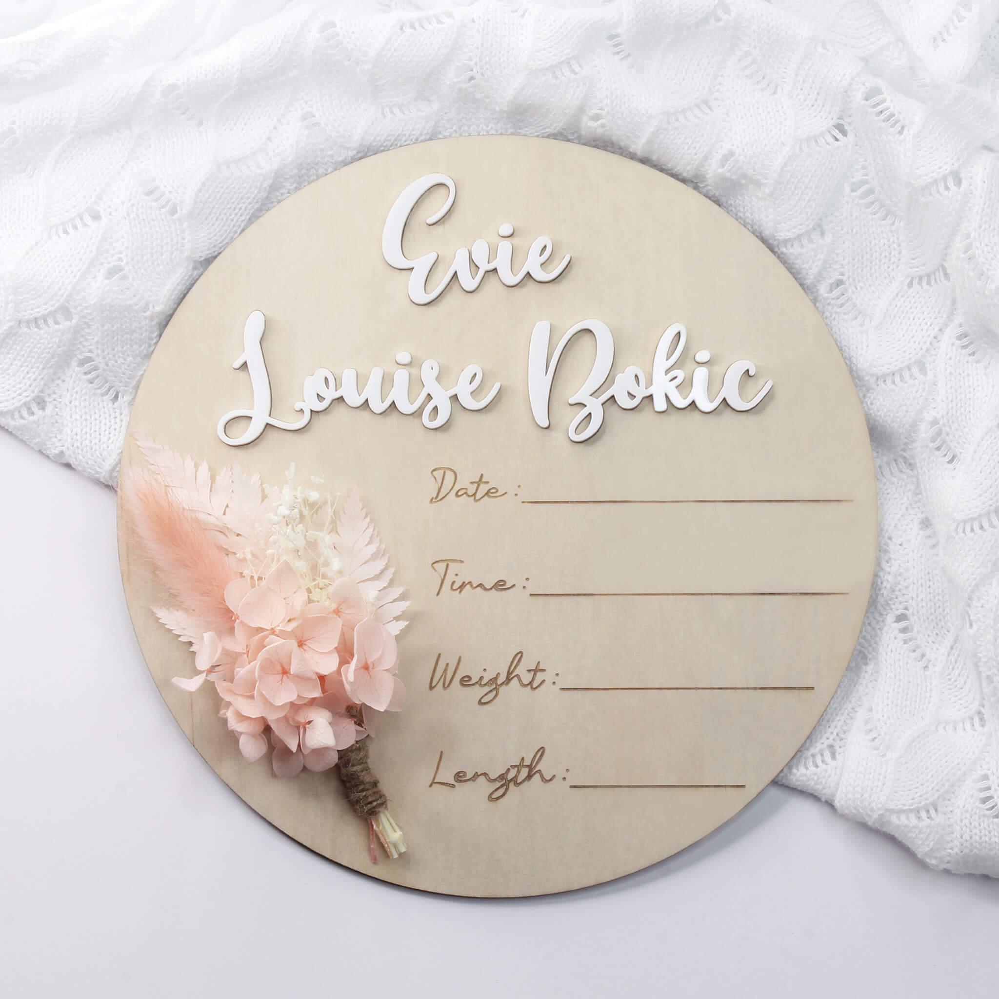 Baby Birth Announcement with Dried Flower Posie Meridian Etch