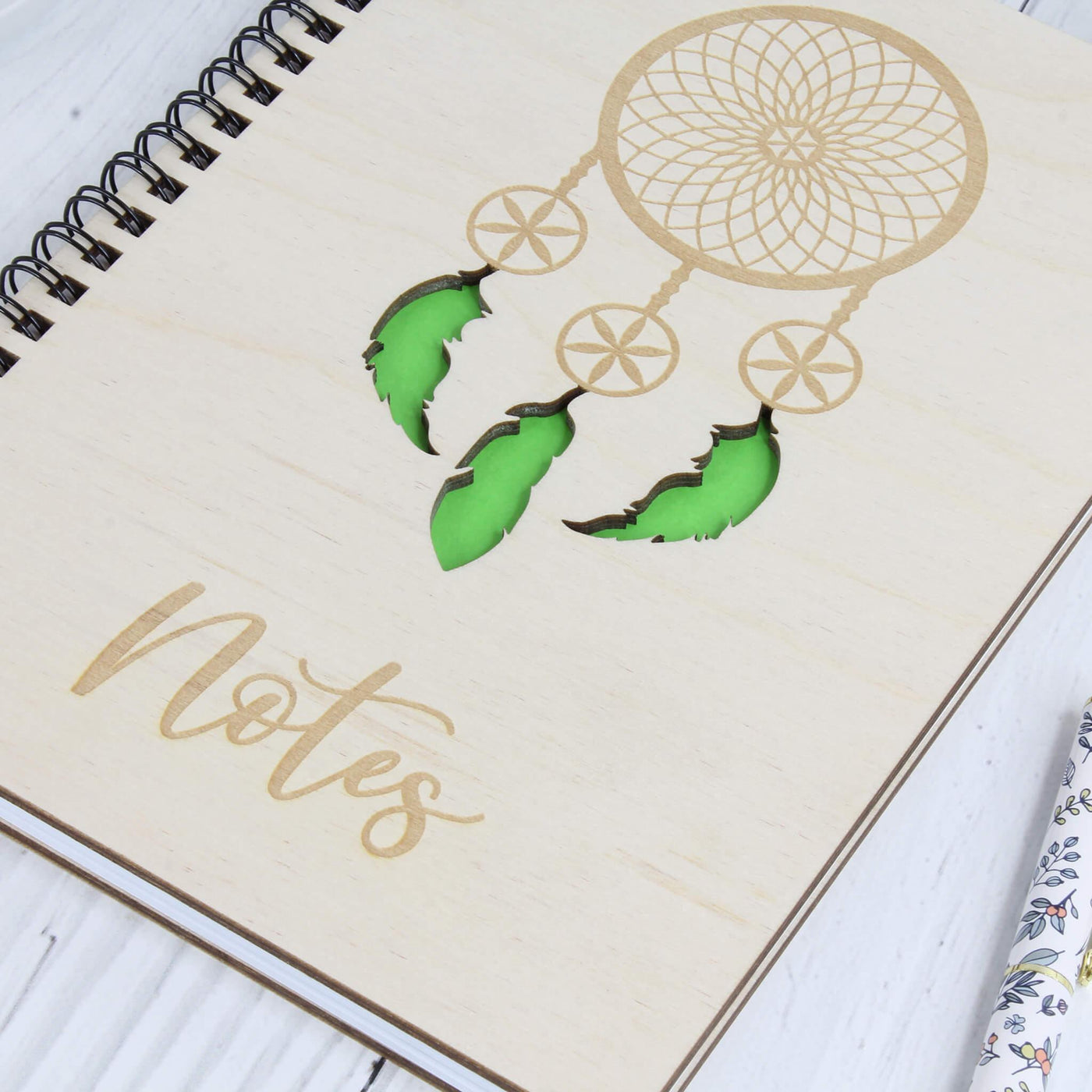 Personalised wooden notebook - dreamcatcher green