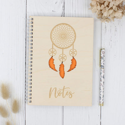Personalised wooden notebook - dreamcatcher orange