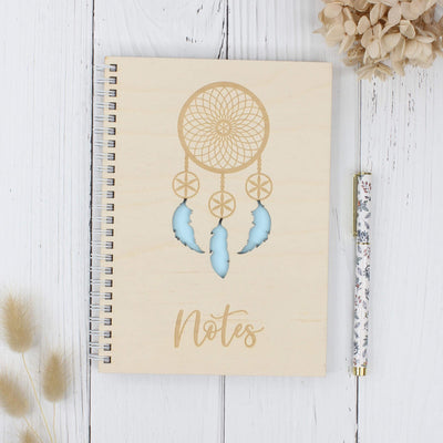 Personalised wooden notebook - dreamcatcher light blue