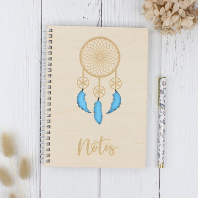 Personalised wooden notebook - dreamcatcher blue