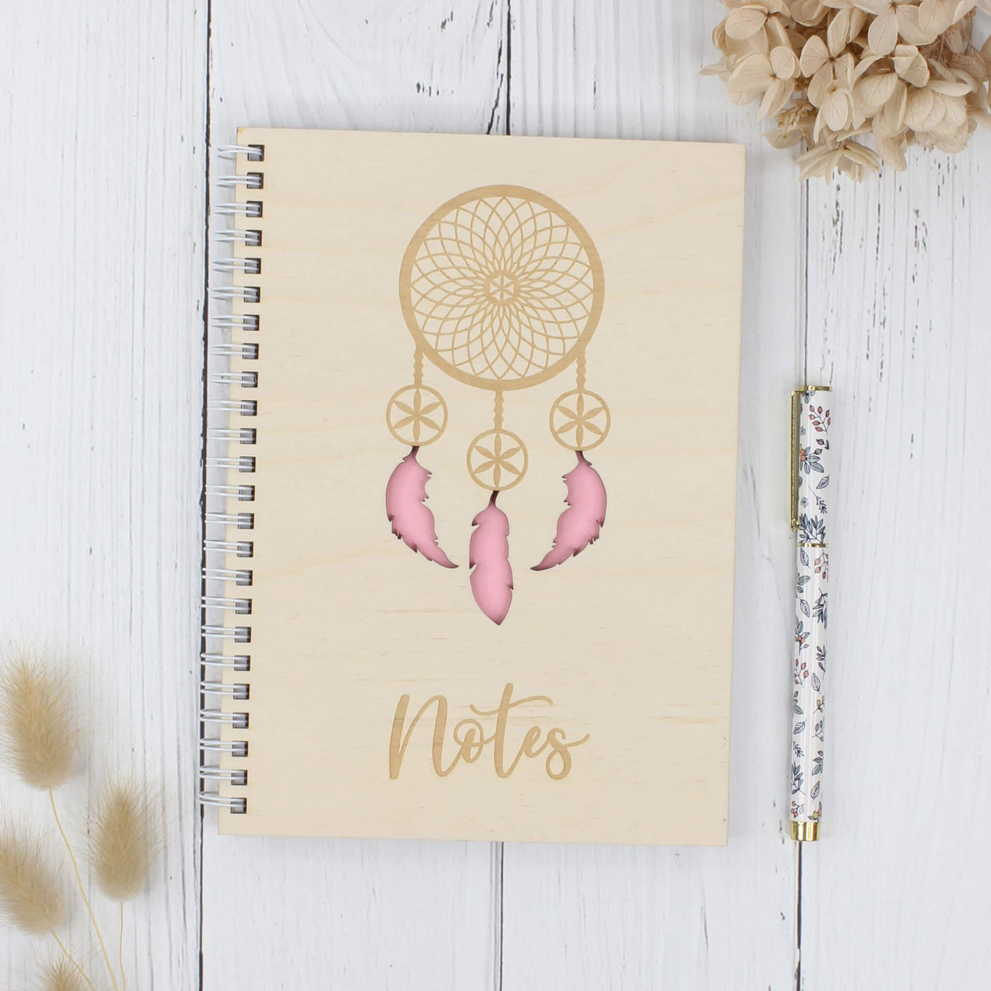 Personalised wooden notebook - dreamcatcher pink