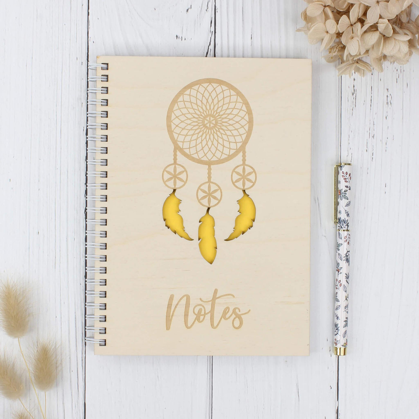 Personalised wooden notebook - dreamcatcher yellow