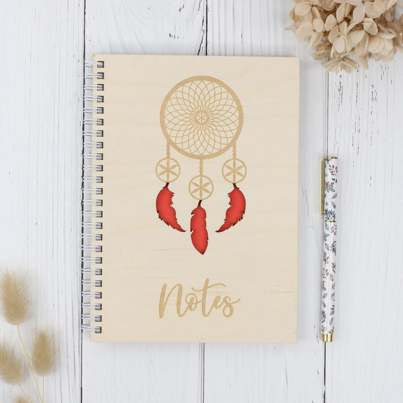 Personalised wooden notebook - dreamcatcher red