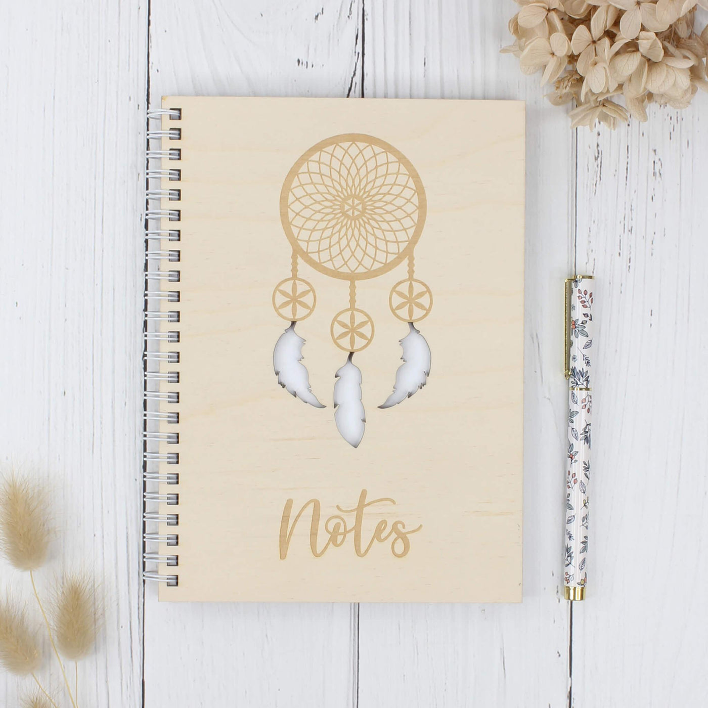 Personalised wooden notebook - dreamcatcher white