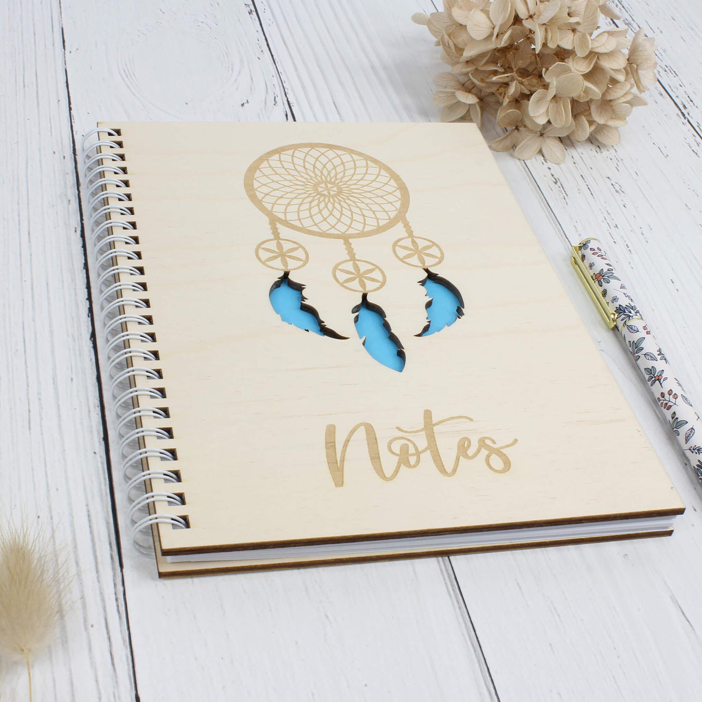 Personalised wooden notebook - dreamcatcher blue