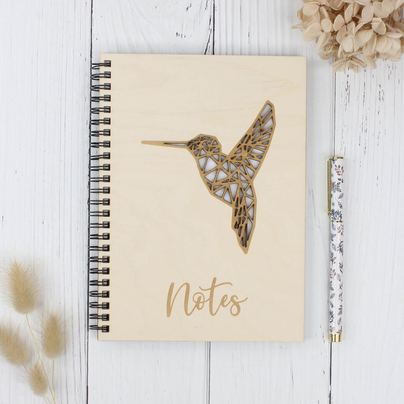 Personalised wooden notebook - hummingbird - white