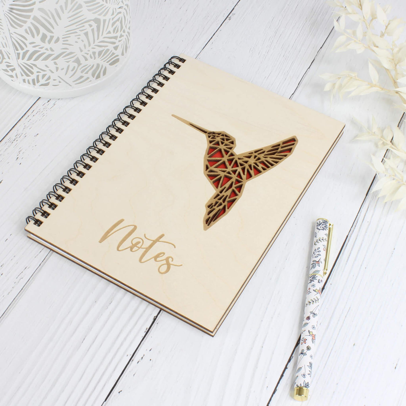 Personalised wooden notebook - hummingbird - red