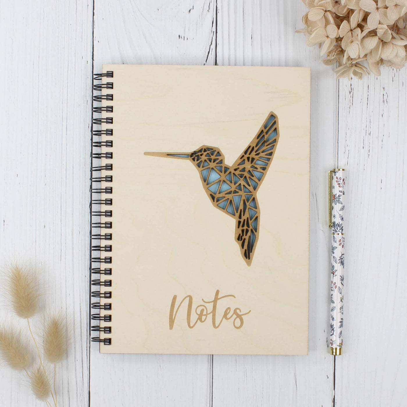 Personalised wooden notebook - hummingbird - light blue