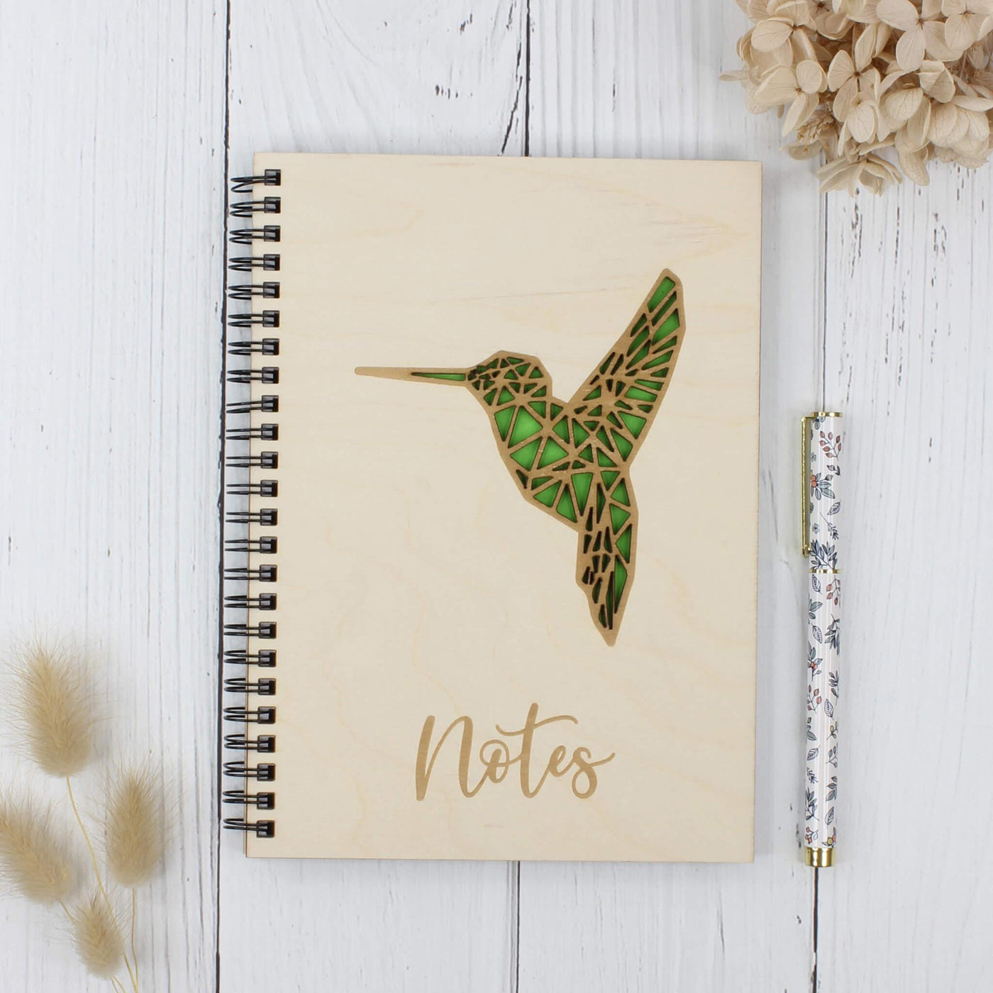 Personalised wooden notebook - hummingbird - green