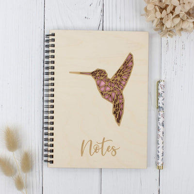 Personalised wooden notebook - hummingbird - pink