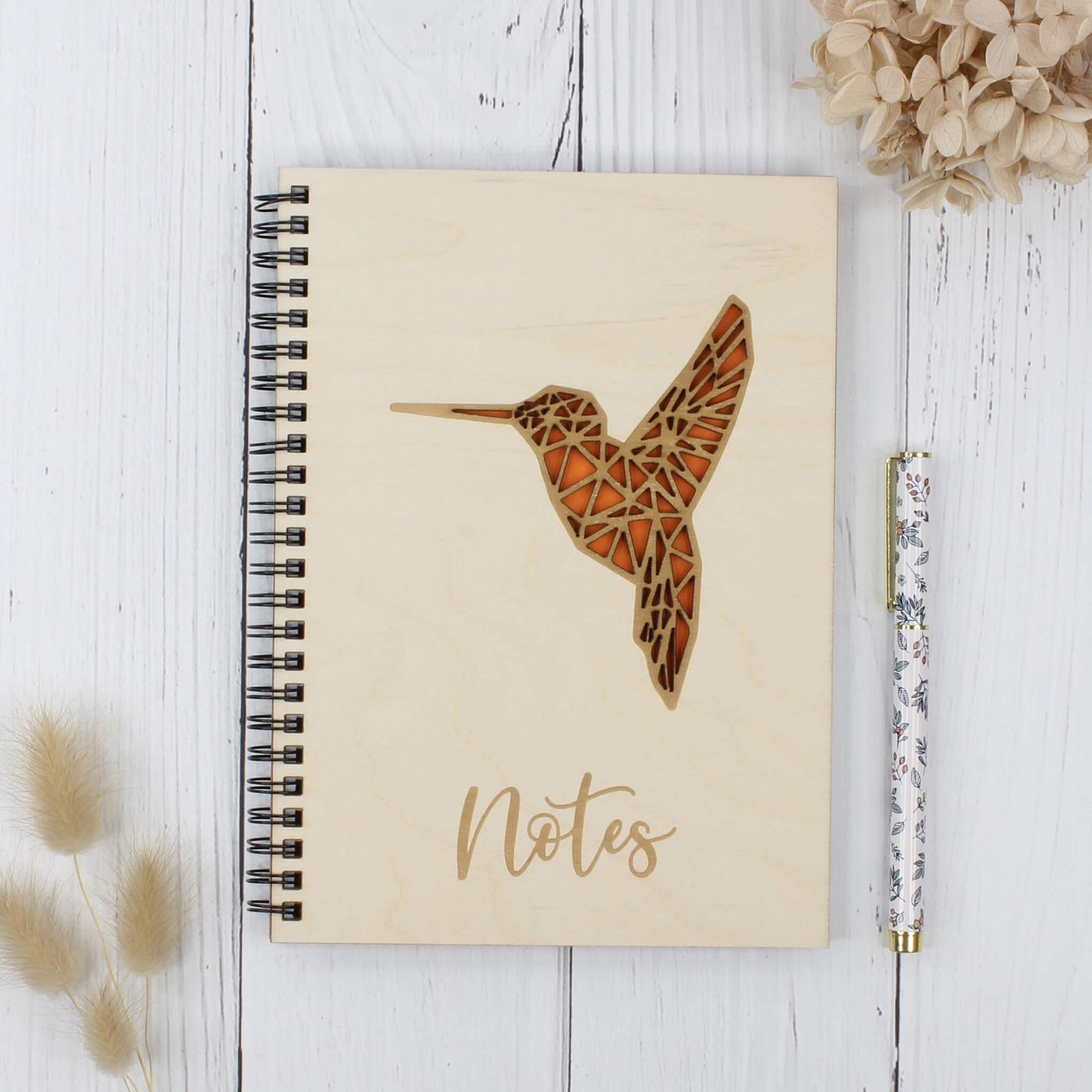 Personalised wooden notebook - hummingbird - orange