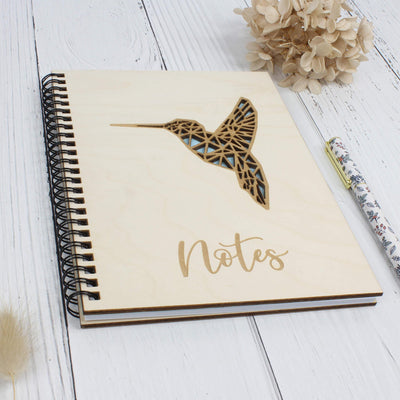 Personalised wooden notebook - hummingbird - light blue