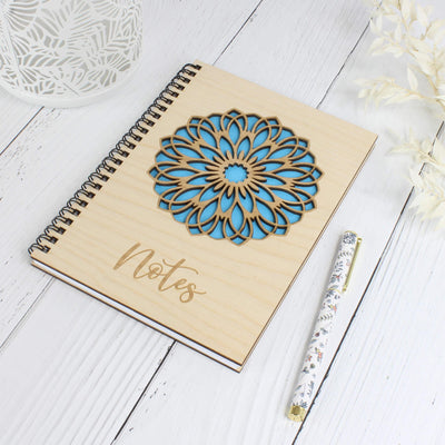 Personalised wooden engraved notebook with floral mandala