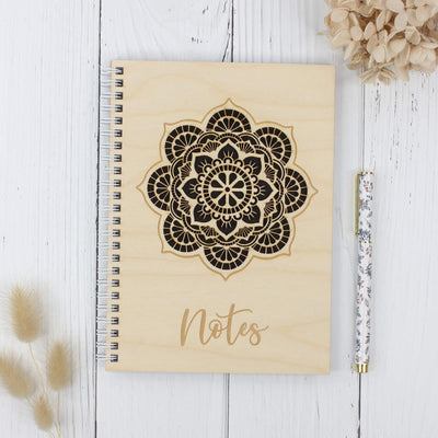 Personalised wooden laser engraved mandala notebook