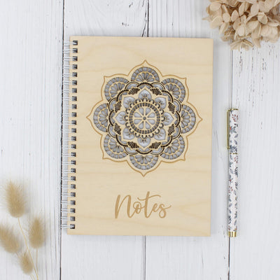 Personalised wooden laser engraved mandala notebook