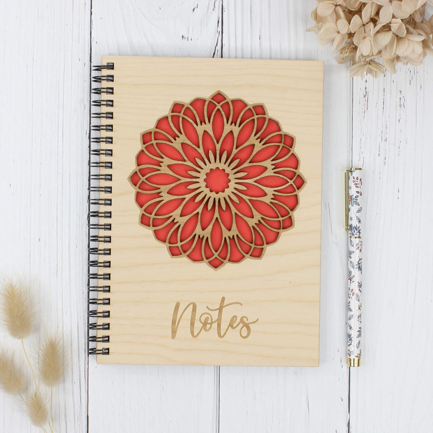 Personalised wooden engraved notebook with floral mandala