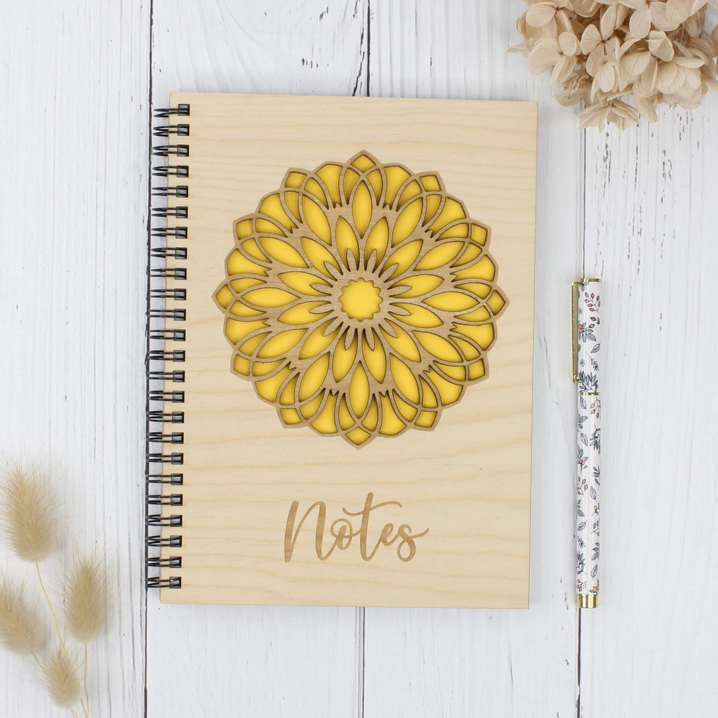 Personalised wooden engraved notebook with floral mandala