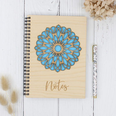 Personalised wooden engraved notebook with floral mandala