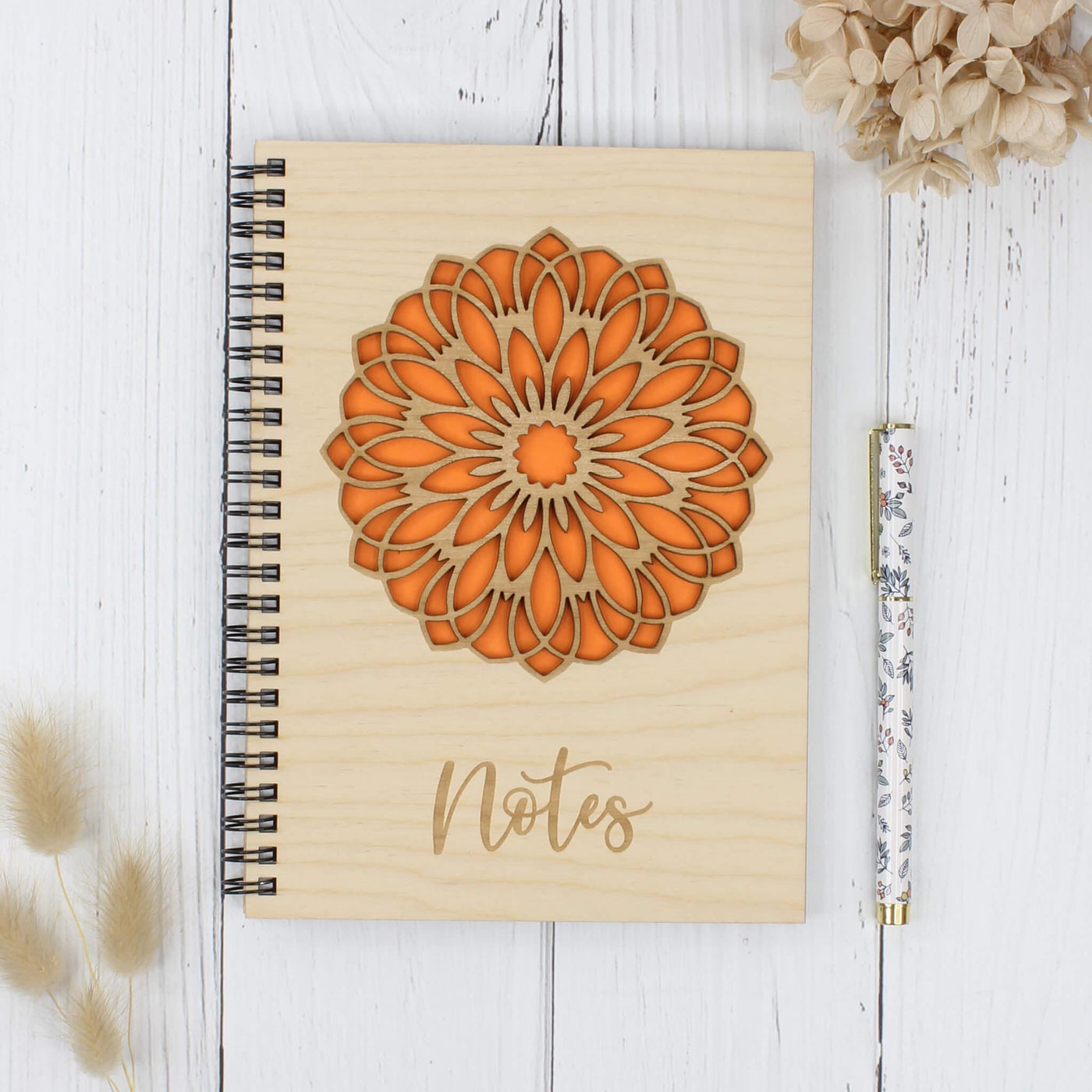 Personalised wooden engraved notebook with floral mandala