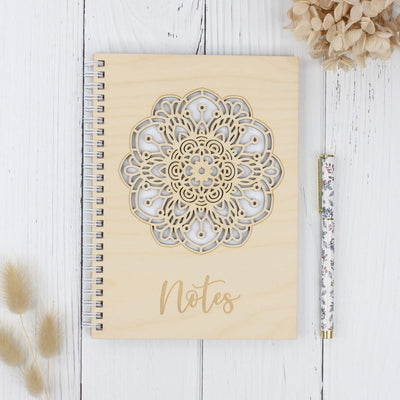 Personalised wooden laser engraved mandala notebook