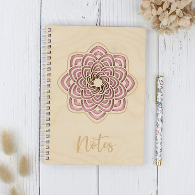 Personalised wooden laser engraved mandala notebook