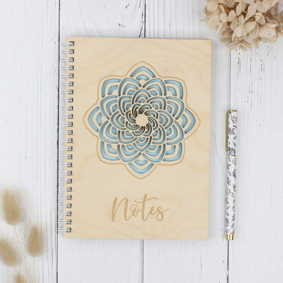 Personalised wooden laser engraved mandala notebook