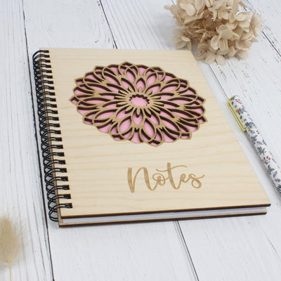 Personalised wooden engraved notebook with floral mandala