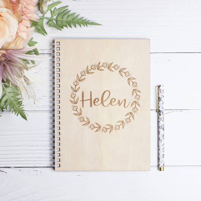 Personalised wooden notebook - floral wreath