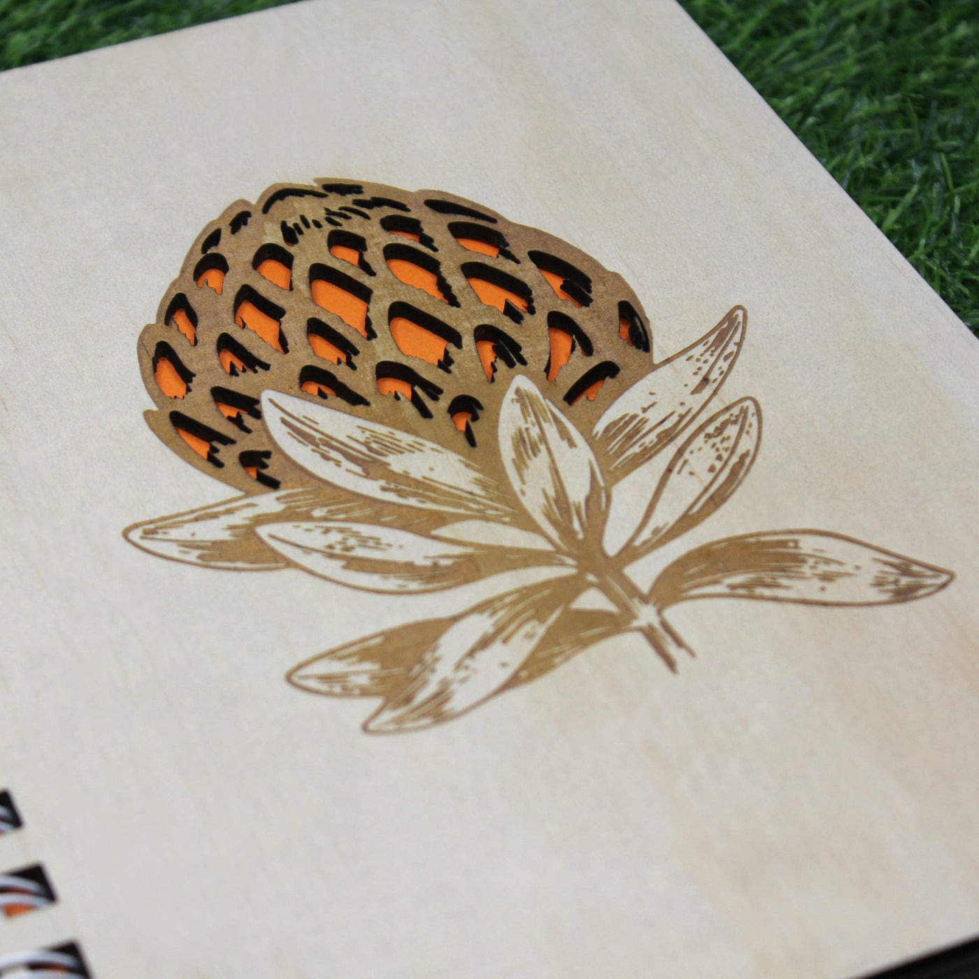 Personalised wooden notebook protea