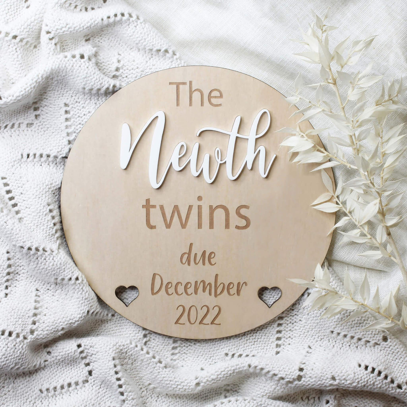 Wooden twins pregnancy announcement