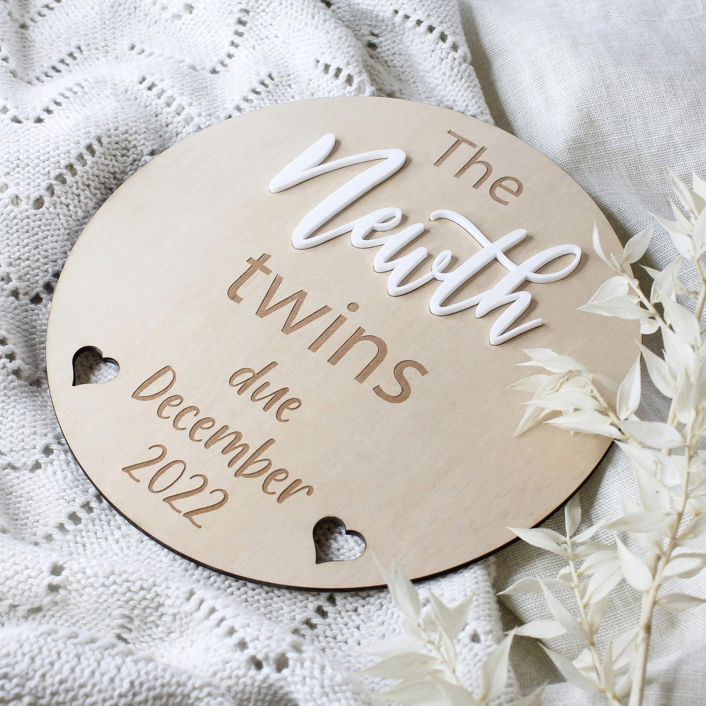 Wooden twins pregnancy announcement disc