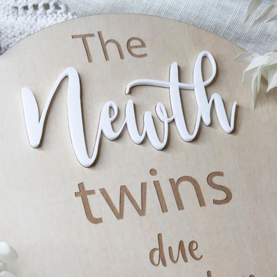 Wood & acrylic twins pregnancy announcement