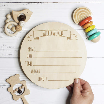 Wooden engraved birth announcement disc